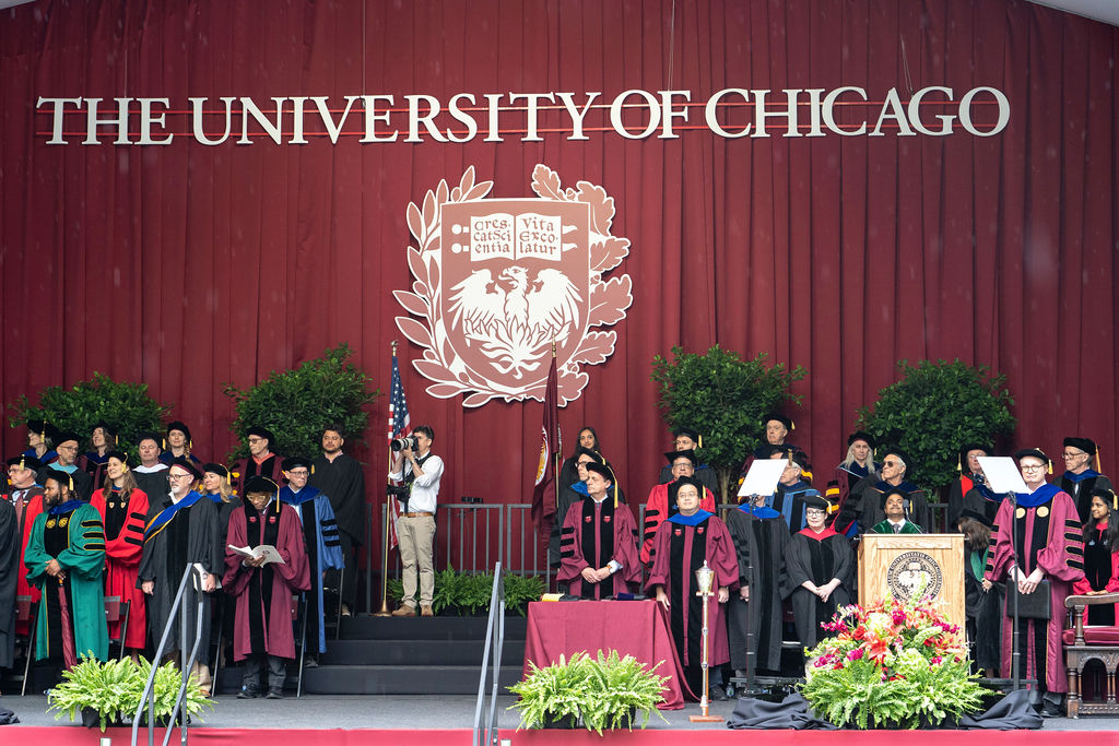 A view of the stage at University of Chicago convocation 