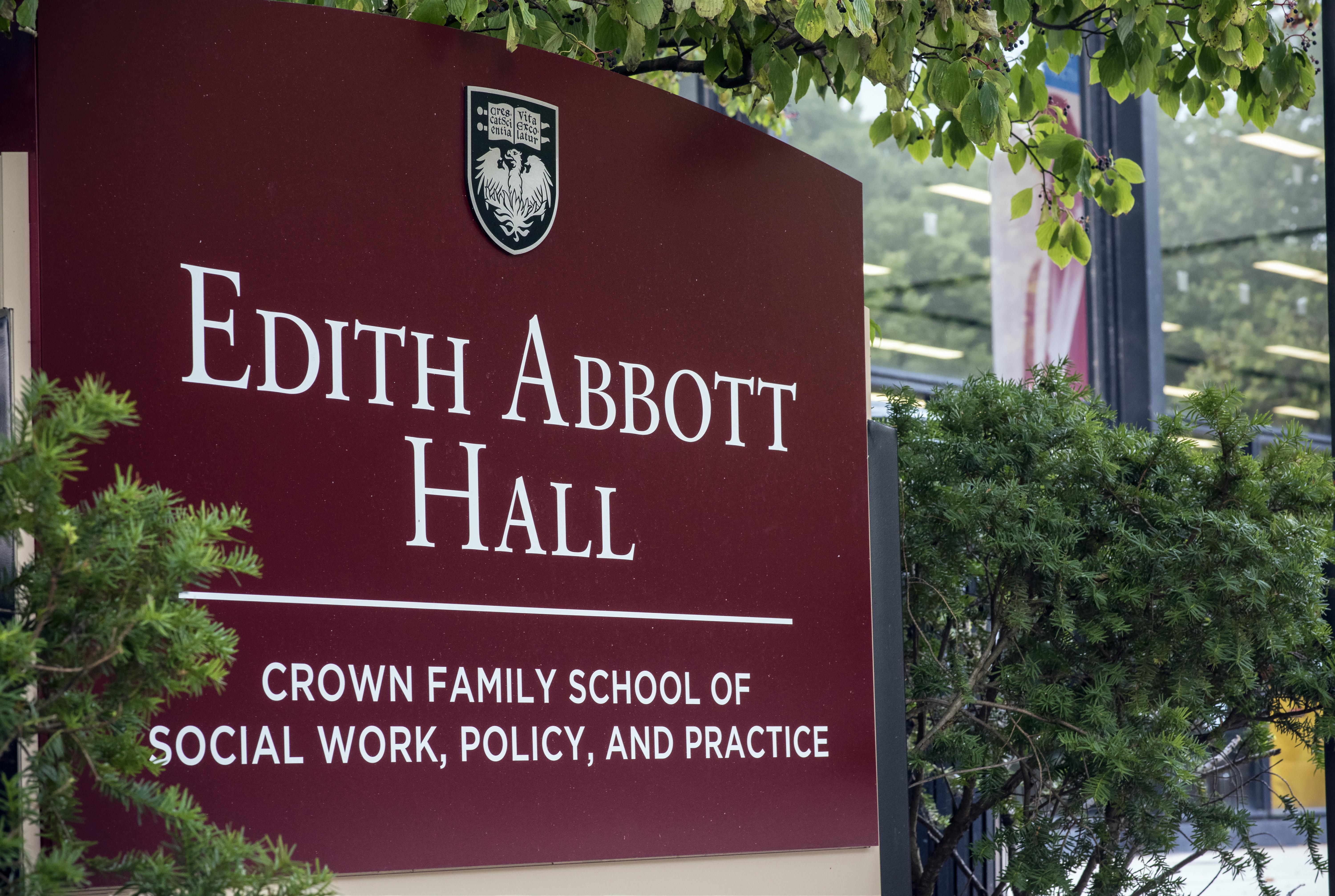 Close up image of sign reading Edith Abbott Hall