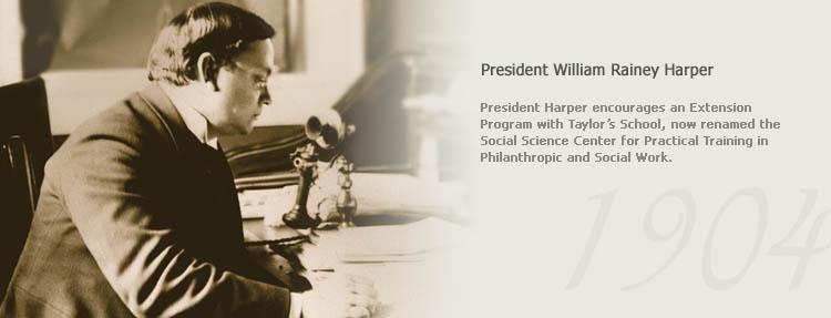 A sepiatone image of President William Rainey Harper sitting at a desk reading over papers.