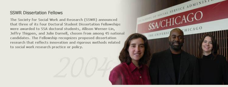 Three SSWR Dissertation Fellows stand under a banner in the SSA lobby
