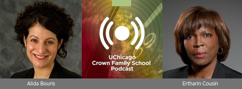Alida Bouris (l), Crown Family School Podcast logo w/soundwaves, and Ertharin Cousin (r)