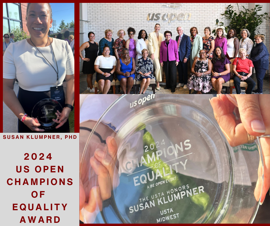 woman in white and black holding a glass award and group shot of a group of women smiling with the US open sign in the background