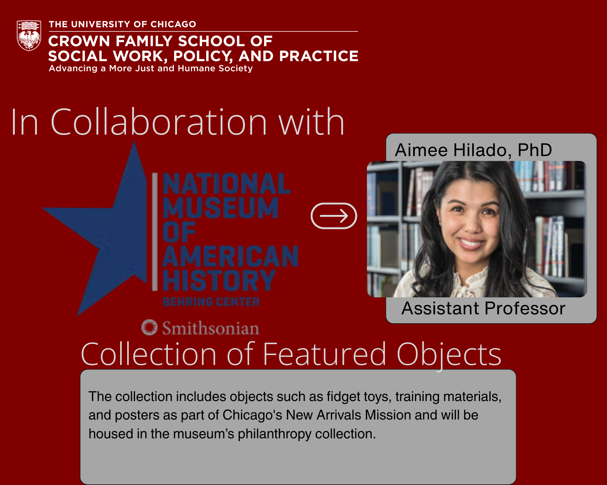 Poster Image with  words that say in collaboration with the Smithsonian with a summary about the collection of featured objects with a headshot of Aimee Hilado