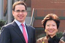 Mrs. Sohmen with her son, Mr. Philip Sohmen, at the YK Pao School in Shanghai