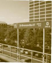 Train stop sign that says 35 Bronzeville